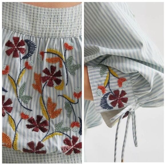 Anthropologie Pinstriped Beaded Embroidered Floral Puff Sleeves Blouse Size XS - Picture 2 of 11